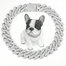 Silvery Blue Dog Chain Collar Artificial Diamond Cuban Chain Dog Collar 14mm Wide Dog Necklace Metal Cat Chain Pet Crystal Collar Jewelry Accessories For Small Medium Large Dogs And Cats - Silver - View 2