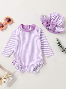 Baby Girls Fashion Cute Striped Patchwork Ruffled Zipper Raglan Sleeve One-Piece Swimwear With Bow Decorated Matching Hat, Casual Beach Vacation Outfit Set - 紫色 - 查看 2