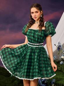 Faeriesty Dreamy Vintage-Chic Bubble Sleeve Plaid Dress With Lace Trim Neckline, Waist, And Hem, Adjustable Drawstring Hem – Perfect For Spring/Summer Garden Parties, Casual Outings, And Elegant Events (Boho-Romantic Style, Vibrant Plaid Fabric, Flowy Ruffles, Seasonless Versatility) Summer Dress Spring Clothes