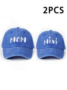 2pcs MAMA + MINI Heart Print Adjustable Washed Baseball Cap, Outdoor Sun Hat Suitable For Boys & Girls, Casual, Travel, Beach, Spring/Autumn