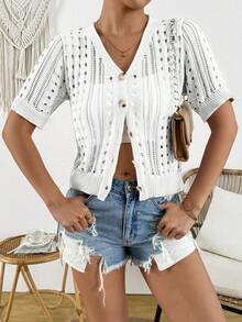 Cardigan de malha de manga curta casual feminino plus size - Branco - Ver 2