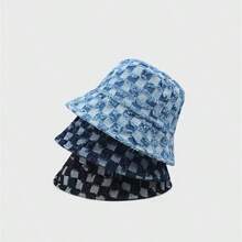 1pc New Arrival Fashionable Minimalist Checkerboard Pattern Wide Brim Camping Fishing Sun Hat, Stylish Korean Chic All-Season Casual Versatile Bucket Hat, Blue - Multicolor - View 2