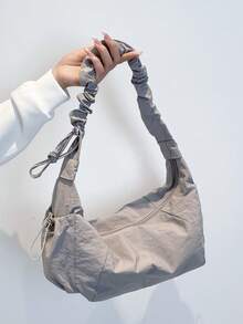 1 件女士尼龙面料多口袋饺子形褶皱抽绳斜挎包，柔软休闲百搭流浪包 - 灰色 - 查看 6