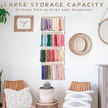 Bohemian Handmade Woven Headband Hanging Rack, Bow Clip Hair Accessory Storage Rack With Hooks, Suitable For Wall Decoration, Girls Room Decor - Apricot - View 9