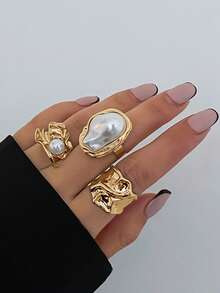 3pcs Vintage Asymmetrical Metal Gold Abstract Rings, Baroque Faux Pearl Decor Rings, Stackable Thick Jewelry Set, Suitable For Women's Daily And Diverse Party Decoration, Fashion Outfit Matching, Holiday Gifts - 3 Piece Ring Set - View 18