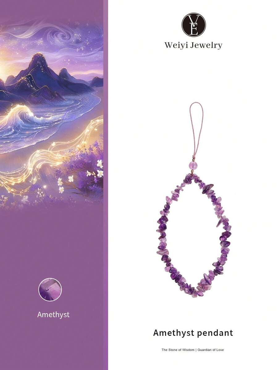 VE 1pc Purple Crystal Accent Mobile Phone Lanyard, Delicate Short Wrist Strap, Fits For Camera/Phone Charms, Random Natural Gemstone Color - Widgets - View 1