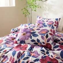 Purple Floral Duvet Cover Set Full/Queen Comforter Cover Set 90"X90"Duvet Cover With Zipper Closure And 1/2 Pillow Shams Microfiber Soft Lightweight 2/3pcs Garden Farmhouse Plant Flowers Bedding Set