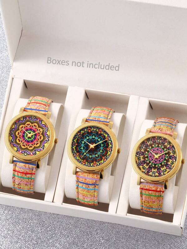 Set de 3 relojes de cuarzo de estilo retro con correa multicolor para mujeres, diseño artístico versátil, regalo, esfera redonda de PU