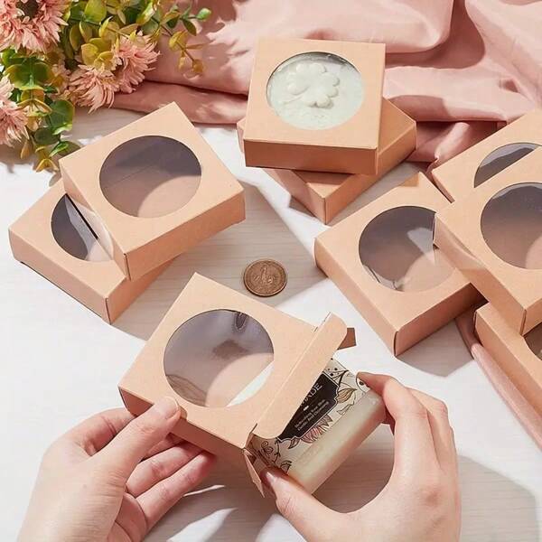 30 Pcs Foldable Kraft Paper Box With Round Clear Window Square Favor Box For Wedding Party Birthday Anniversary