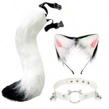 White - Animal Claw Paw Gloves With Cat Ears & Tail, Cute Plush Costume Props, Suitable For Cosplay, Halloween