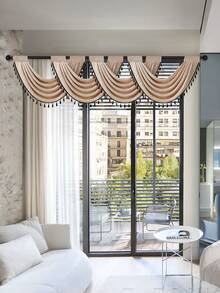 1 件轻质仿亚麻面料短窗帘，带流苏和镂空边框，现代简约风格，米色和黑色