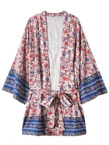 Women's Fashion Belted Kimono Cover Up, Casual Beach/Travel Loose Lightweight Short Cover Up Outwear, Vintage Floral Tie-Waist 3/4 Sleeve Dress Cover Up