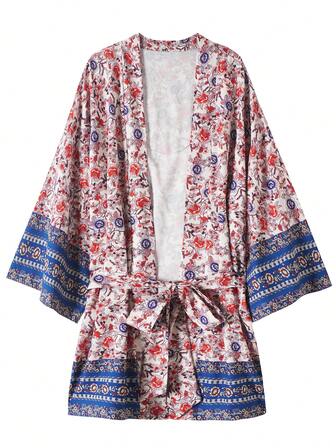 Kimono con cinturón de moda para mujer, prenda de vestir ligera y suelta para playa/viaje, vestido de cubierta con mangas 3/4, estampado floral vintage y cintura anudada