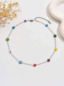 1 件不对称不锈钢串珠项链，配有糖果色塑料珠和彩色花朵装饰，适合女性日常佩戴或派对场合