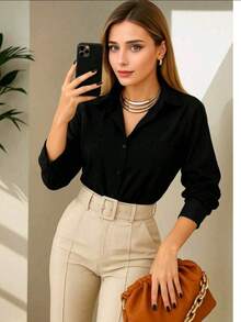 Women's Elegant Button Down Shirt - Casual Chic Simple Style Pocket With Belt Button - 黑色 - 查看 2