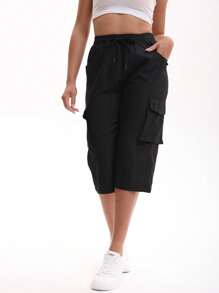 2025 夏季女士时尚工装七分裤，带松紧腰带和口袋，休闲街头服饰 - 黑色 - 查看 4