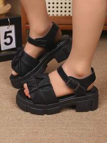 1 Pair Summer Fashion Soft Platform Wedge Sandals For Girls, Suitable For Princess Aged 3-15 For Outdoor Walking, Travel, Party, Beach - Black - View 1