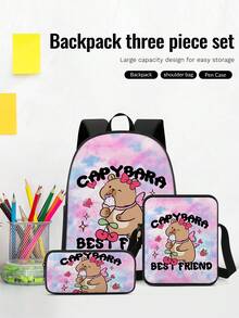3PCS Back To School Backpack For Girls, Kids Feature Cute Capybara Backpack For Teens Elementary Middle High School Students, Large Capacity 16 Inch School Bags With Shoulder Bags And Pencil Case - Backpack + Shoulder Bag + Pencil Case - View 1