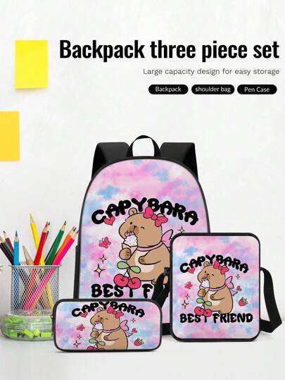 3PCS Back To School Backpack For Girls, Kids Feature Cute Capybara Backpack For Teens Elementary Middle High School Students, Large Capacity 16 Inch School Bags With Shoulder Bags And Pencil Case