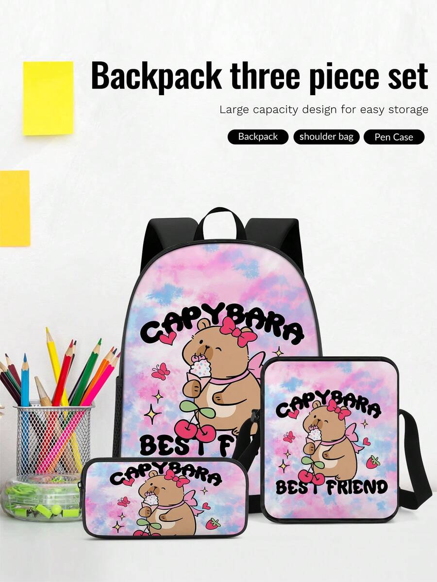 3PCS Back To School Backpack For Girls, Kids Feature Cute Capybara Backpack For Teens Elementary Middle High School Students, Large Capacity 16 Inch School Bags With Shoulder Bags And Pencil Case - Backpack + Shoulder Bag + Pencil Case - View 1