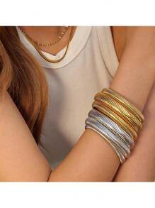 Set de 1-2 brazaletes dorados/plateados para mujer, pulsera de cadena enlazada elástica, pulsera ancha flexible, pulsera maciza dorada, pulsera elástica para mujer, pulsera de acero inoxidable bañada en oro que no se mancha, joyería