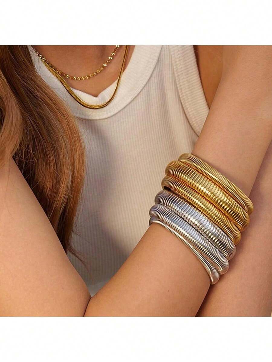 Set de 1-2 brazaletes dorados/plateados para mujer, pulsera de cadena enlazada elástica, pulsera ancha flexible, pulsera maciza dorada, pulsera elástica para mujer, pulsera de acero inoxidable bañada en oro que no se mancha, joyería