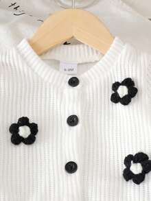 2pcs Toddler Girls Floral Knit Cardigan Jacket + Wide Leg Pants Children's Outfit, Spring/Autumn - Black and White - View 4