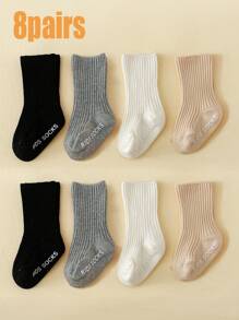 8Pairs Classic Simple Design Baby Crew Socks, Anti-Slip Dotted Sole Indoor Floor Socks, Suitable For 0-3 Years Old Boys And Girls, Newborns, Daily Wear