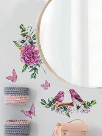 1 pezzo, Adesivi da parete rimovibili in PVC con fiori rosa, uccelli, farfalle e fiocchi di cartone animato - Autoadesivi impermeabili per decorazione di casa e spazi di vita - Facile da applicare - Ideali per camera da letto, soggiorno, ingresso o decorazione pareti ufficio