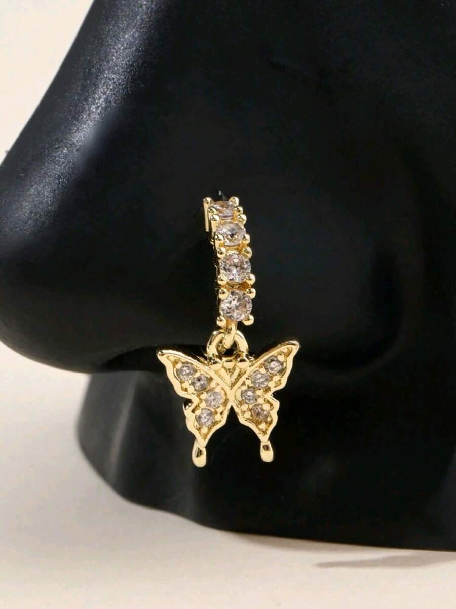1个金色蝴蝶鼻环，20G垂坠式鼻环，鼻部穿孔饰品，镶嵌锆石的金色鼻骨垂坠鼻环，适合女性，情人节、母亲节礼物 - 銀色 - 查看 1