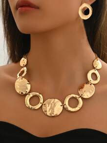 3pcs/Set Elegant Geometric Necklace+Earring Jewelry Set, Asymmetrical Circle Hammered Hollow Design, Fashion Minimalist, Suitable For Daily, Holiday, Party, High-End Luxurious Accessories