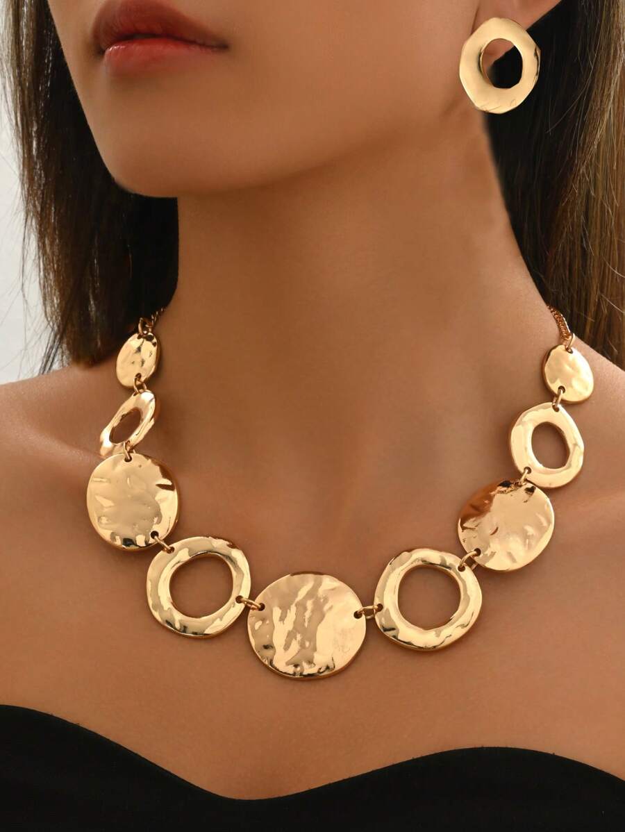 3pcs/Set Elegant Geometric Necklace+Earring Jewelry Set, Asymmetrical Circle Hammered Hollow Design, Fashion Minimalist, Suitable For Daily, Holiday, Party, High-End Luxurious Accessories