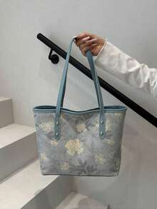 抽绳新款2025大容量帆布单肩包，日式字母印花尼龙托特包手提包通勤包