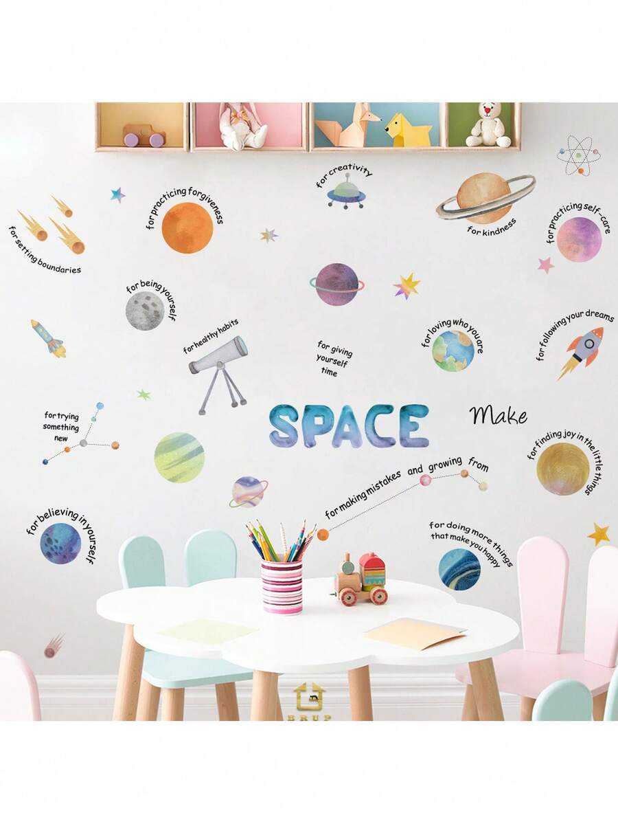 返校墙贴儿童礼物，儿童房星系墙贴 - 卡通行星和星星可移除太空儿童房装饰男孩/女孩卧室装饰教室装饰