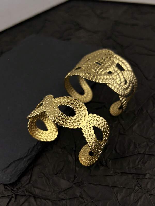 1pc 18K Gold Plated Stainless Steel Unique Textured Bangle Bracelet For Women, Fashion, Suitable For Gatherings And Gifting