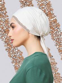 1 Stück Modische Damen Stirnband mit Strass in Einfarbig, Muslim Kopftuch Accessoire, vielseitig, weich und atmungsaktiv, Hijab Kappe, weißes Tuch, passendes Viskose Kopftuch mit Strass Design, hebt hochwertigen Stil für den täglichen Gebrauch hervor