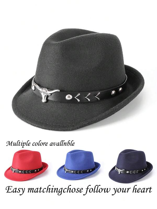 1. Men's Hat Black Hat, Neutral Retro Style Hat, Bull Shaped Decoration, Suitable For Daily Casual Wear, Western Cowboy Parties, Bar Casual Wear, Casual Polyester Fiber (Polyester)