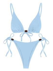 Polovedo 官方新款春夏优雅性感浅蓝色纯色系带女士比基尼泳装，适合海滩度假派对约会。 - 藍色 - 查看 2