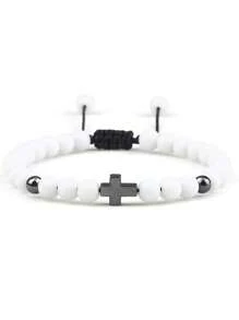 Handmade Woven Bracelet With Turquoise Cross Beads, Men Sports Accessory, European & American Import Jewelry