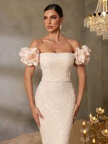 Faeriesty Haute Glamour Luxury Beaded Mermaid Evening Gown With Puff Sleeves – Off-Shoulder Silhouette, Floor-Length Train For Luxe Festivals & High-Profile Events - 杏色 - 查看 7
