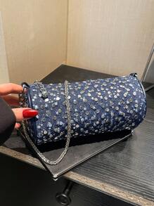 Women's Denim Studded Star Chain Bucket Bag, Elegant Lady Style Crossbody Bag For Party, Casual, Sweet Girl