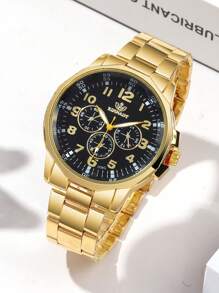 Relógio masculino de quartzo, elegante e versátil, com mostrador redondo e pulseira de aço em liga de ouro, o melhor presente para homens, adequado para presentes de Natal e uso diário