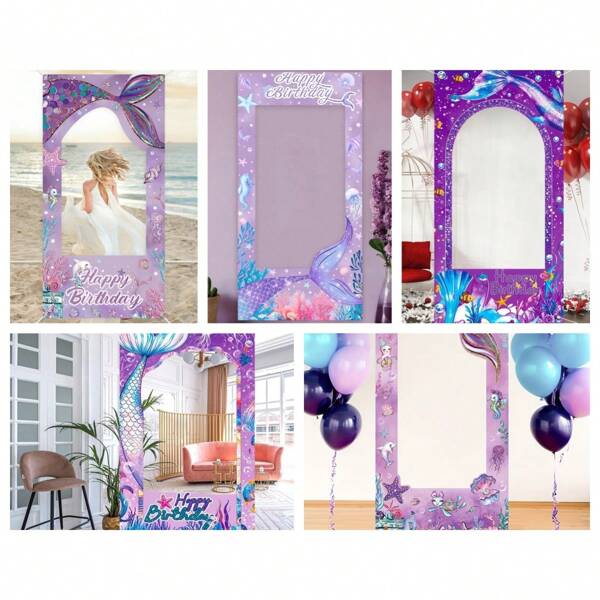 1pc Purple Mermaid Pattern Animal Theme Photo Frame Decoration Frame, For Birthday Wedding Holiday Party Photo Props Photo Background Decor, Party Backdrop Party Favor