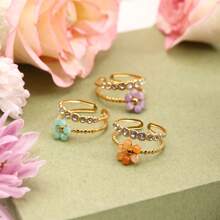 Uworld Summer Vacation 18K Gold Plated Stainless Steel Multi-Layer Crystal Colored Flower White Zirconia Ring Women Jewelry Gift