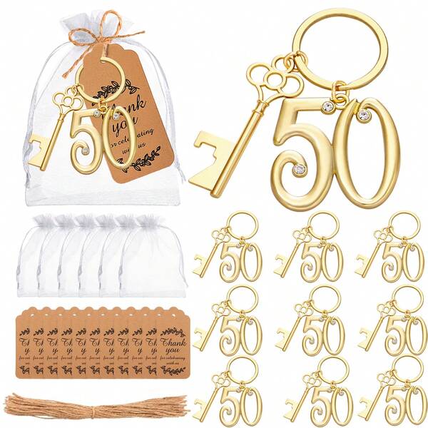 10 piezas Abrebotellas dorados para el 50 aniversario con bolsa de arpillera, tarjetas de agradecimiento y cuerda, adecuado para bodas, despedidas de soltera, fiestas de cumpleaños, decoración, obsequios para invitados, abridor creativo para el 50 aniversario para cocina y bar