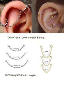 3PCS/Mixed Stainless Steel ChainS For Ear Hoop Earring Removable Chains Linked With Helix Earring For Ear Stack No Allergies No Fading
