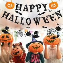 Halloween Banner, Happy Halloween Banners With Halloween 3D Bats Stickers, Horror Pumpkin Witch Hat Spider Halloween Decorations Hanging Bunting For Halloween Party Supply Indoor Outdoor Home Yard