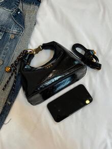 Neue minimalistisch Vintage einfarbige PU wasserdichte Tragetasche, Buchstaben Grafik Dekoration, Reißverschluss, Tragegriff oben, quadratische Form, burgunderrot, Anhänger Dekoration, geeignet zum Einkaufen