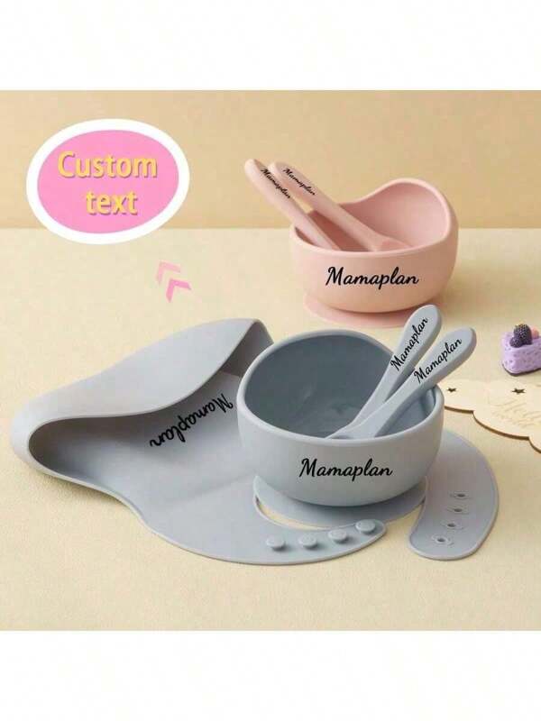 4PCS Personalized Customization Name Silicone Baby Tableware Sets Adjustable Baby Bibs Spoon Fork Suction Dishes Plate Custom Feeding Learning Dinner Set For Newborn
