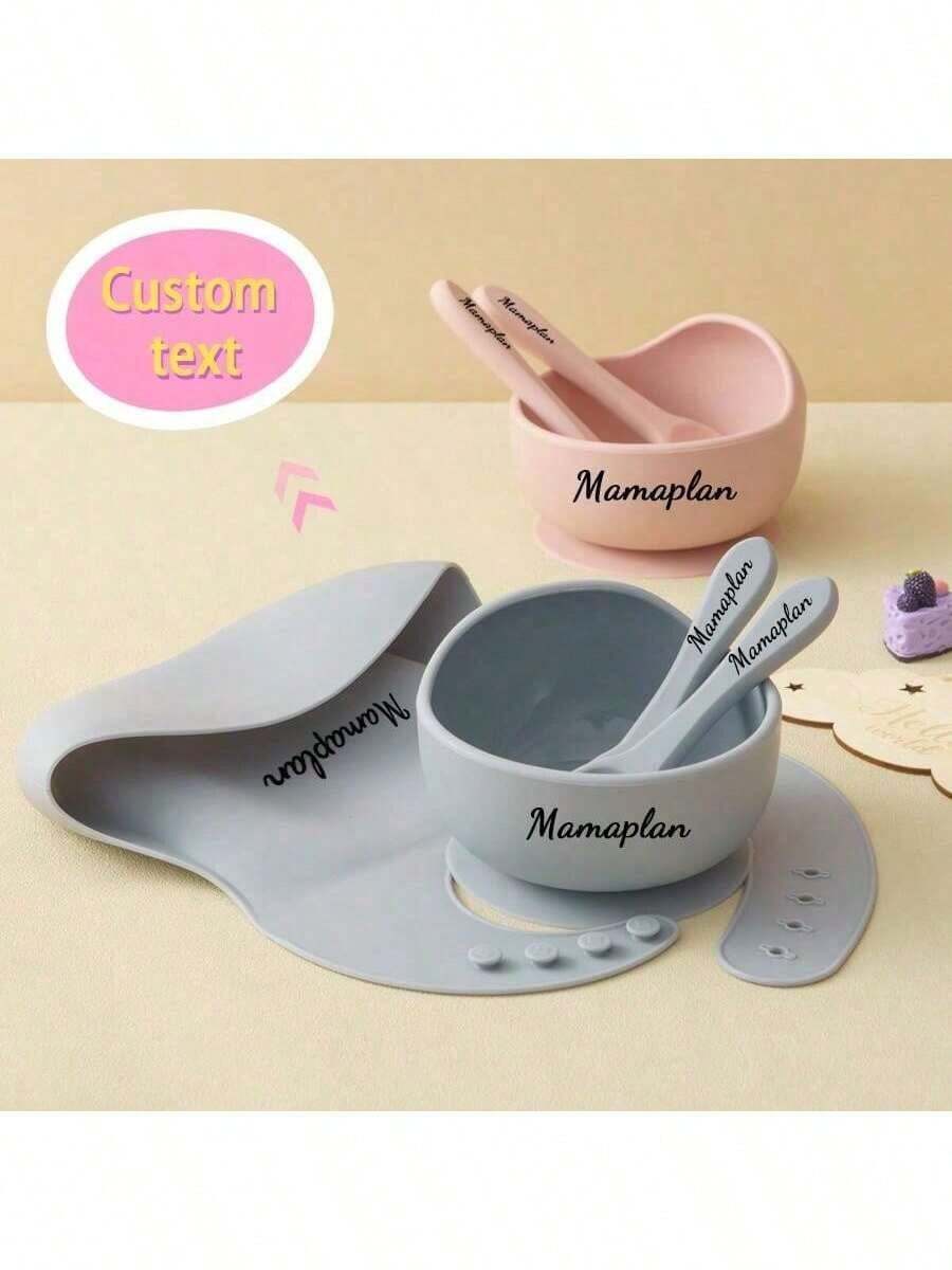 4PCS Bộ đồ ăn cho bé bằng silicon tùy chỉnh theo yêu cầu, có thể điều chỉnh, yếm ăn cho bé, thìa, nĩa, đĩa hút, đĩa ăn tùy chỉnh, học tập, bộ đồ ăn tối cho trẻ sơ sinh - Nhiều màu - Xem 1